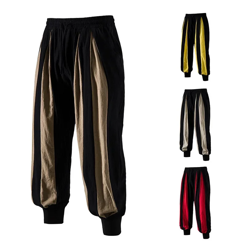 

2024 Retro Casual Bloomers Mens Trousers Cotton and Linen Color Matching Breathable Casual Pants for Men