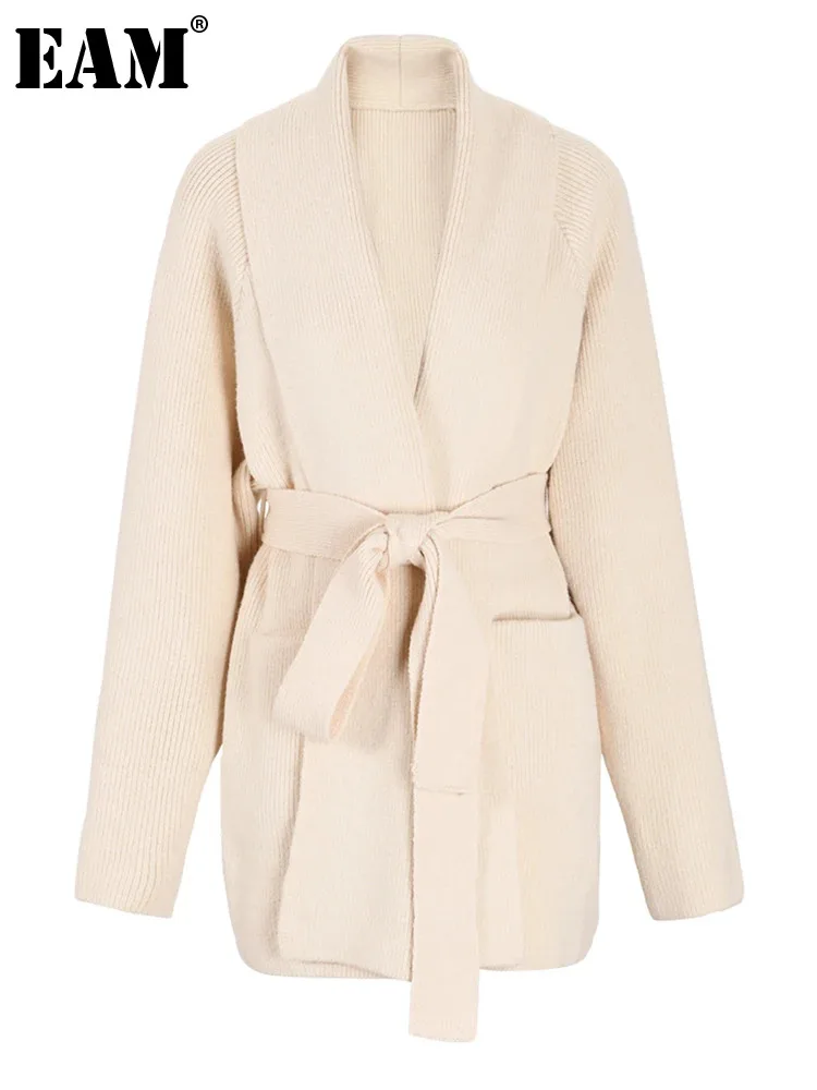 

[EAM] абрикосовый большой размер теплый вязаный кардиган свитер свободный крой v-образный вырез с длинным рукавом Женская Новая мода осень зима 2024 1DF1119