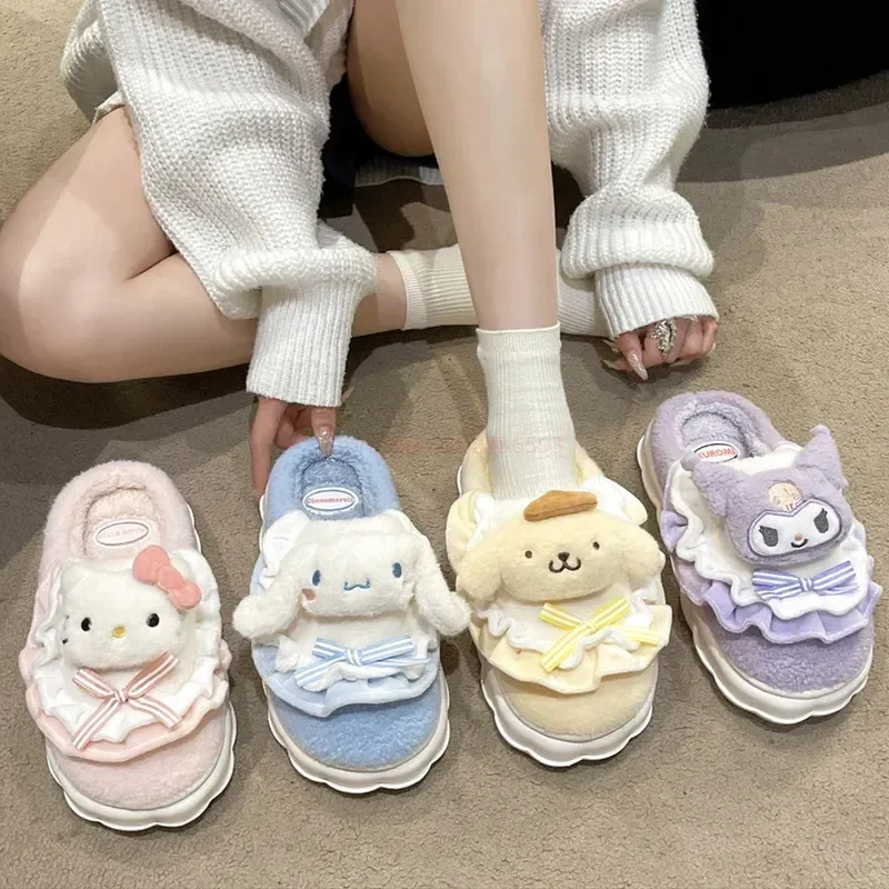 

Sanrio Hello Kitty Home Fuzzy Slipper Cartoon Kuromi Cinnamoroll Yk2 Women Winter Plush Non Slip Slippers Girl Cute Flat Shoes