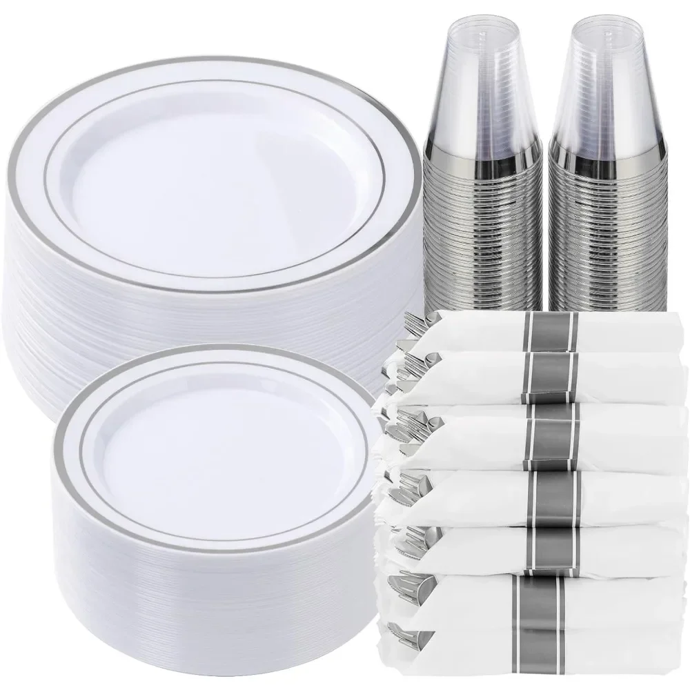 350-piece silver plastic cutlery set for 50 guests, beautiful disposable plates for parties, party weddings dining available