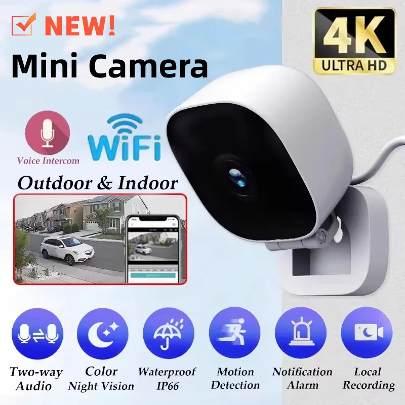Security Camera 4K Mini Security Camera Full Color WiFi Night Vision Monitor IP65 Waterproof Motion Detect Surveillance With 2 Way Audio