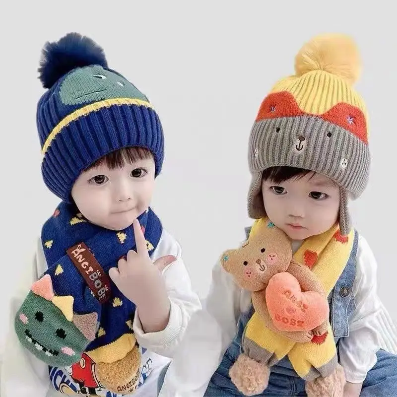 

New Winter Warmer Scarf Hat Glove For Boys Girls Winter Outdoor Keep Warmer Soft Thicked Knitted Beanies Cap Kids Christmas Gift