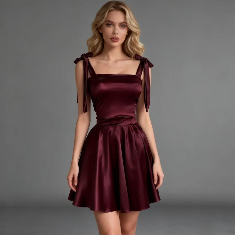 New Women's Suspender Square Neck Dress Burgundy Fashion Sexy Y2k Lace-up Princess Style Backless Waist A-word Short Party Skirt