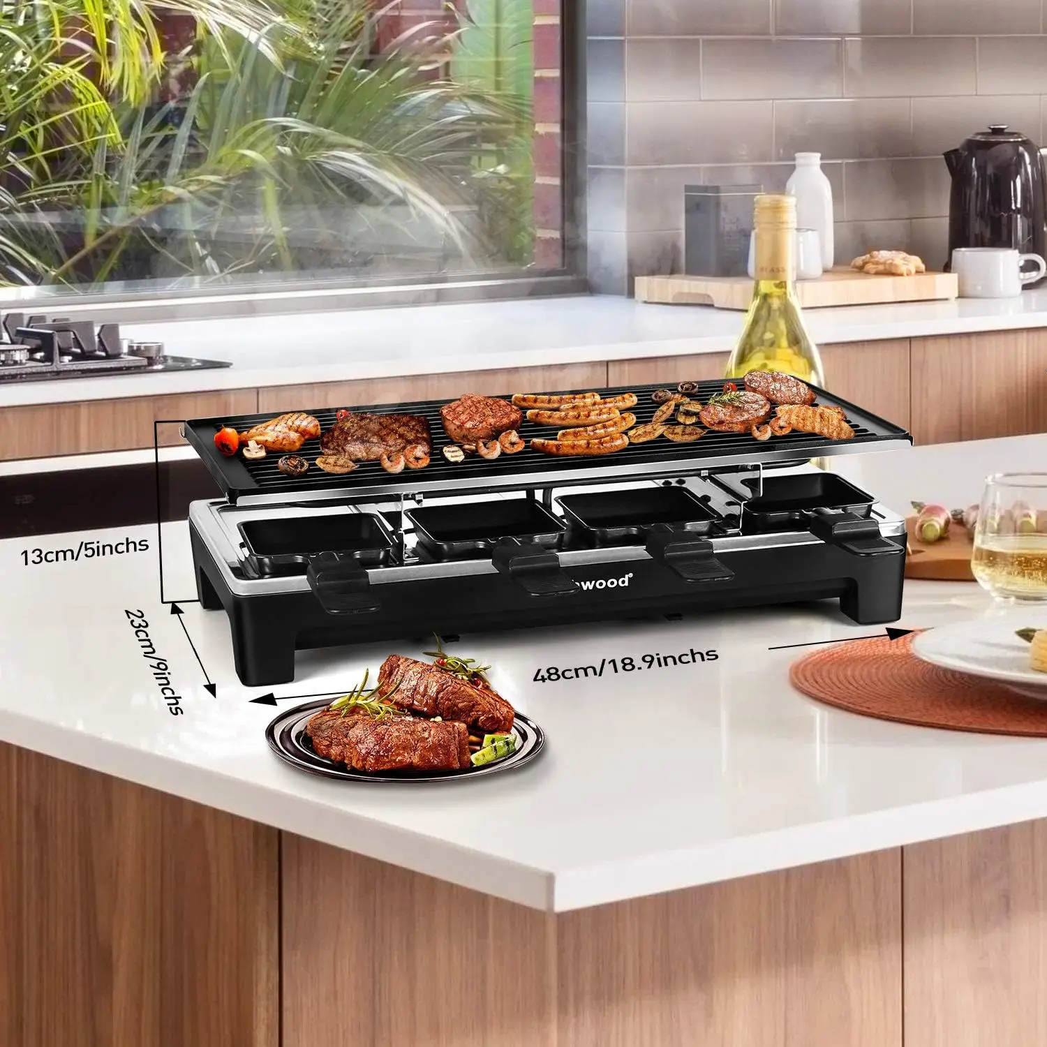 Raclette Table Grill Electric Indoor Grill Korean BBQ Grill,Removable 2-in-1Non-Stick Grill Plate Fast Heating 8Cheese Melt Pans 4