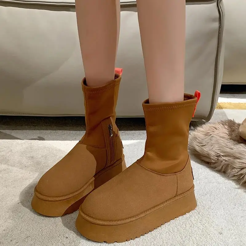Snow Boots Women's 2023 Winter Soft Leather Flat Bottom Thickened Fashion Slim Elastic Boots  Mid Sleeve Cotton Boots