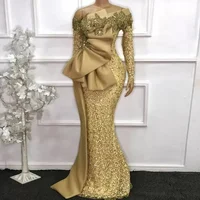 African Woman Plus Size Evening Dresses Lace Long Sleeves Mermaid Glitter Gold Party Dress Bow Waist Prom Gowns Customized 1