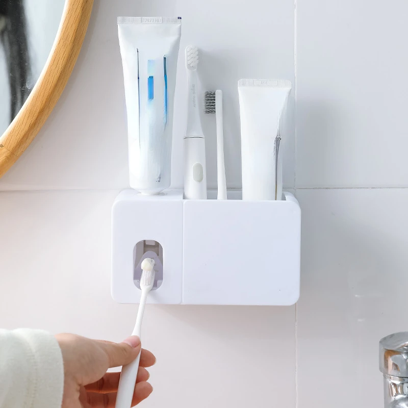 

Bathroom Shelves Toothpaste Dispense Squeezer Automatic Toothbrush Rack Wall-Mounted Punch-Free WC Accessories