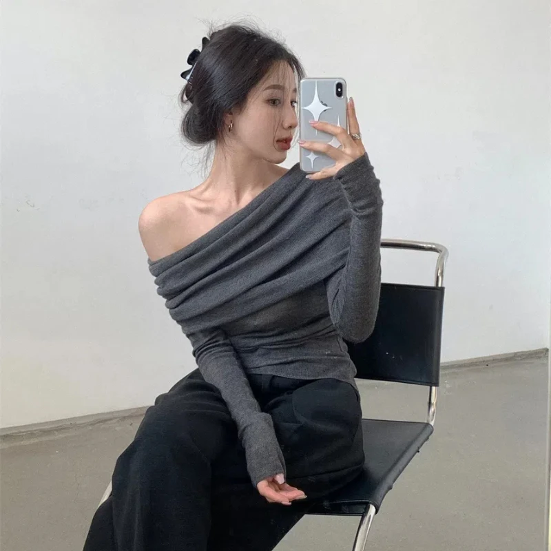 One Shoulder Sexy Inner Knitted Base Shirt for Women's Autumn and Winter Slim Fit Pleated Niche High-end Temperament Top 179