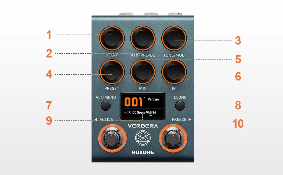 “HOTONE Verbera IR Reverb pedal visto de cima, mostrando controles de decay, mix, tone, preset e funções ALT, design moderno em cor preta e prata.”
