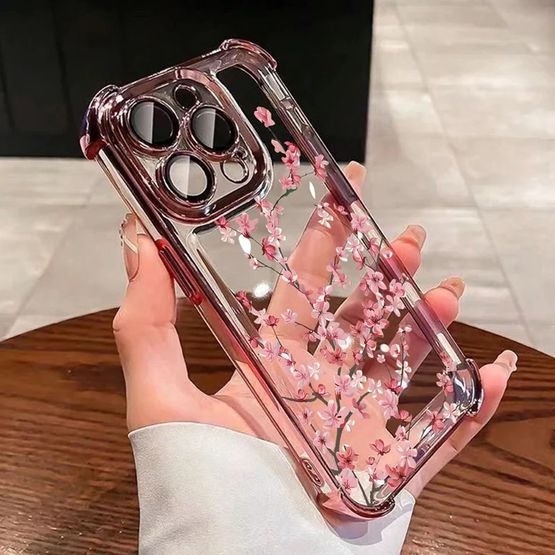 Plum Blossom Electroplated Transparent Soft Phone Case with Airbag Anti-Fall Protection
