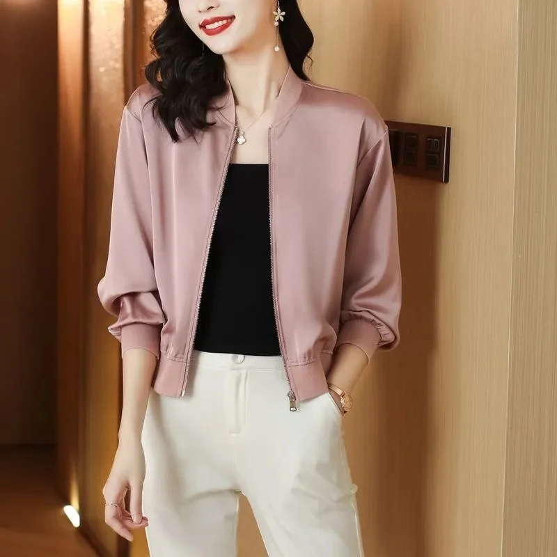 Silk Short Coat Women's 2025 Smooth Baseball Collar Spring