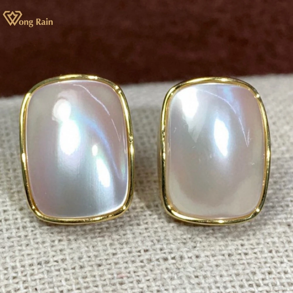Wong Rain Elegant 18K Gold Plated 925 Sterling Silver Natural Pearl Gemstone Ear Stud Earrings Customized Fine Jewelry For Women