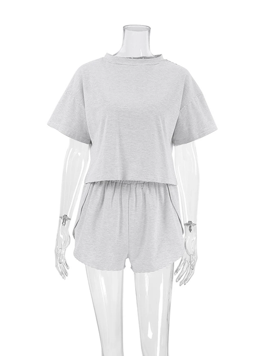 Marthaqiqi Striped Ladies Nightgown Suit O-Neck Sleepwear Crop Top Pajama Short Sleeve Nightwear Shorts Casual Femme Nightie Set