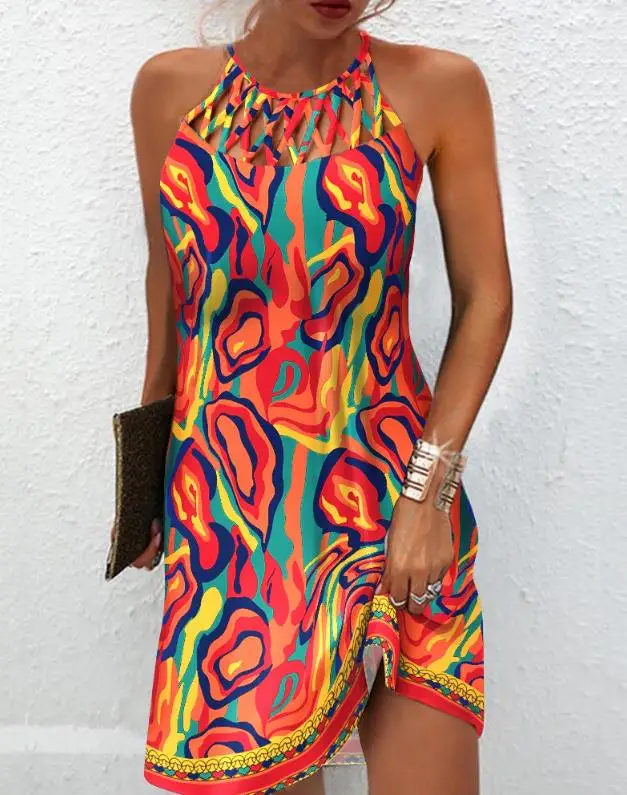 

2023 Summer New Design Fashion Sexy High Quality Dress Multi-Color Abstract Print Hollow Out Women's Casual bodycon Dress