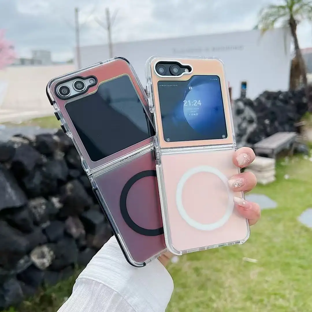Luxury Color-Changing Acrylic Shockproof Magnetic Wireless Charging Phone Case with Folding Hollow Design