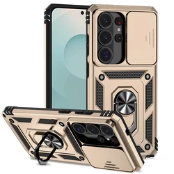 Slide Lens Armor Phone Case with Car Magnetic Ring Holder - S26 Ultra 5G (JSTC - Gold)