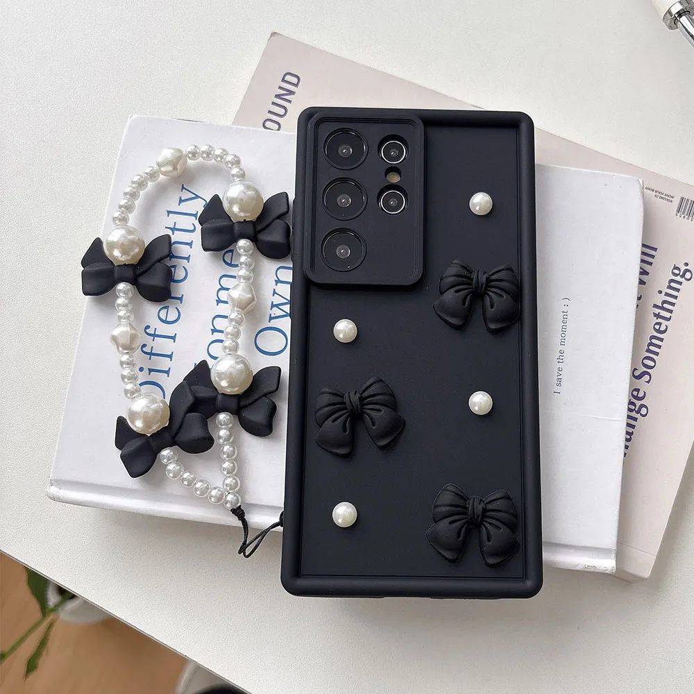 Elegant 3D Bowknot Pearl Silicone Phone Case with Chain Soft Cover