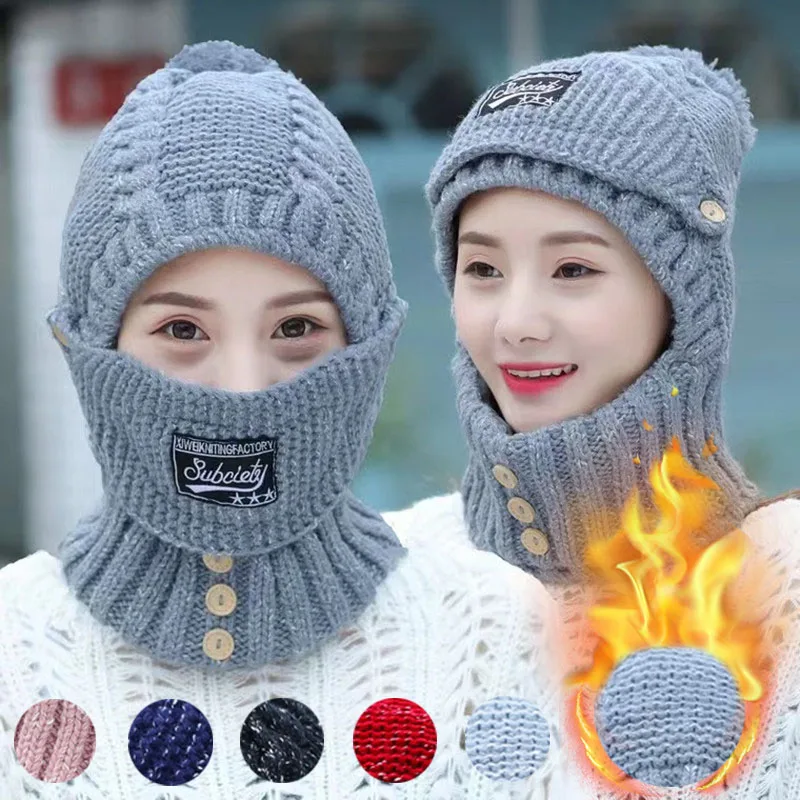 Conjunto de bufandas y gorros de para mujer, bufanda gruesa de punto a prueba de viento para exteriores, cuello Siamés, cálido, mantiene la cara caliente, gorro de invierno, novedad - AliExpress