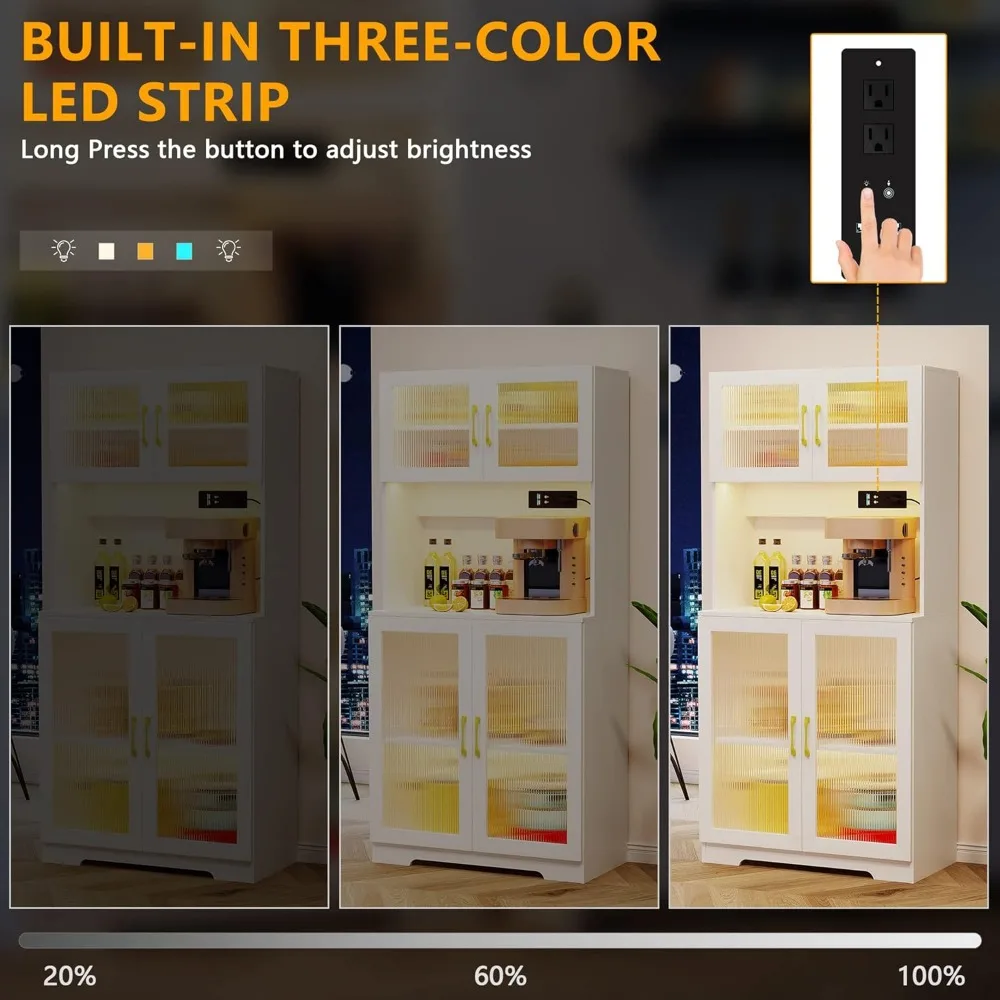 67" LED Storage Cabinet with Charging Station, Sockets & USB Ports For Kitchen Pantry, Microwave Hutch, Buffet Sideboard 5