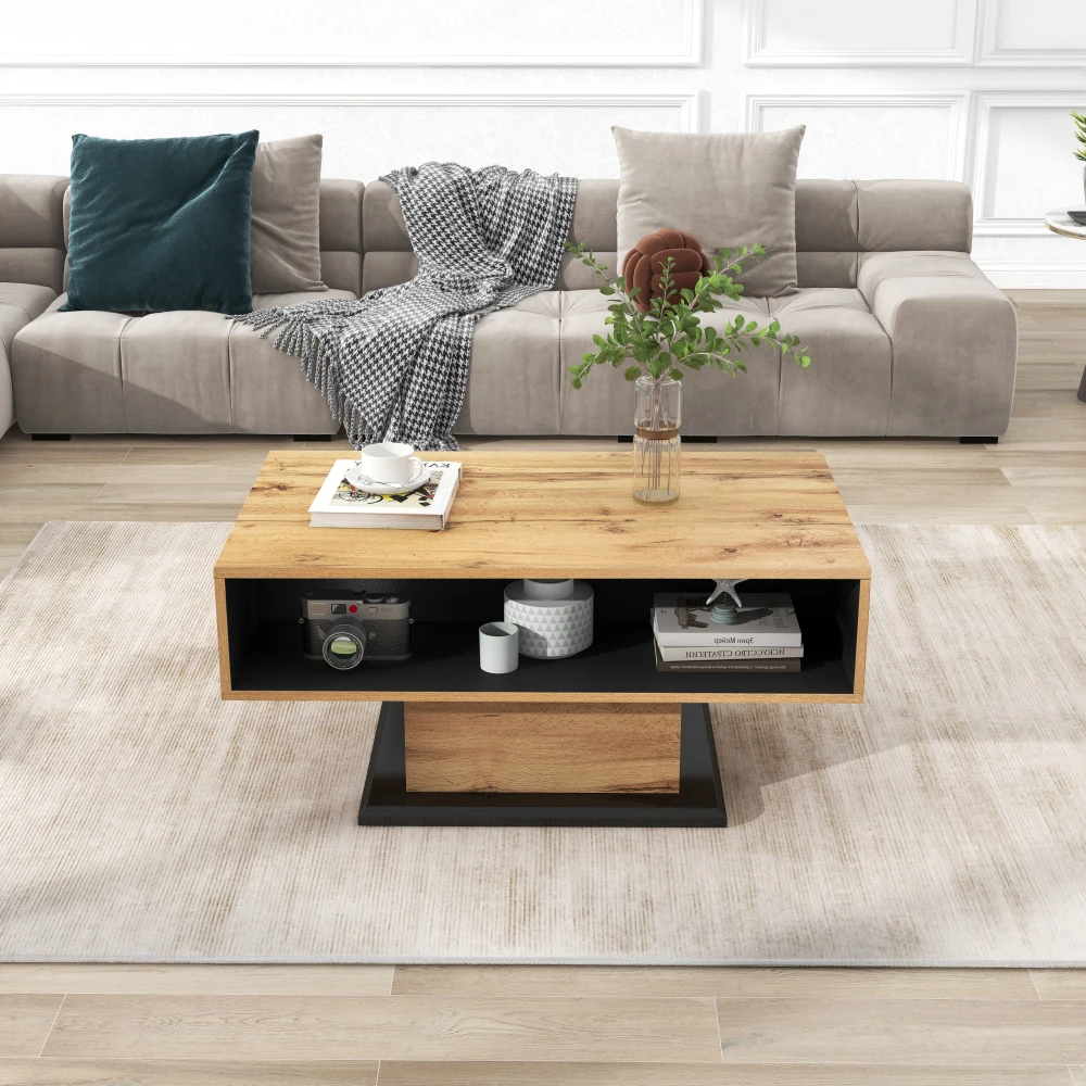 PINGGO Holz-Kaffeetisch mit Grifffreier Schublade, Hinterem Staubfach und Beidseitiger Aufbewahrung für Büro und Wohnzimmer – Detail 4