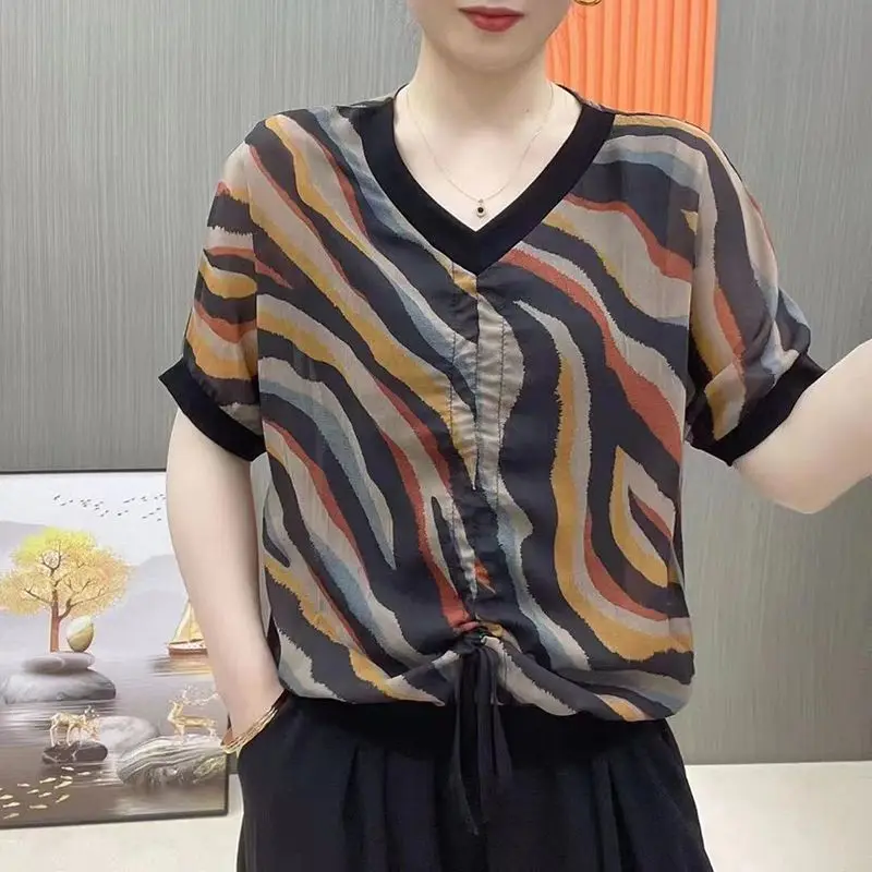 Korean Casual Striped Printed Shirt Women's Clothing Stylish Shirring Drawstring Loose Summer Short Sleeve Commute V-Neck Blouse