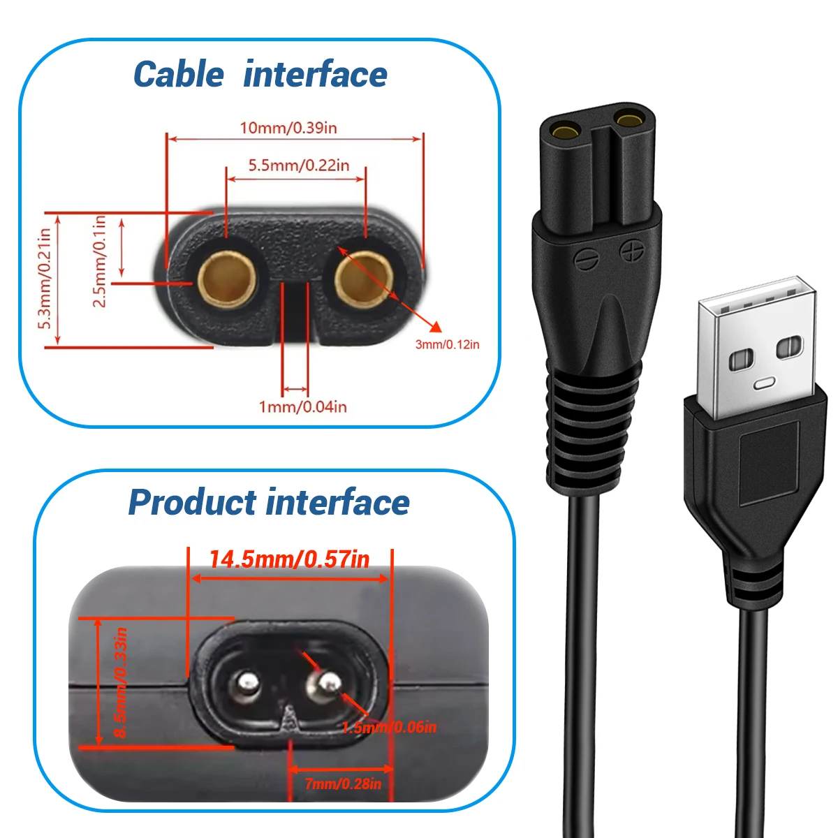 Universal USB 2-Prong Shaver Charging Cable Replacement
