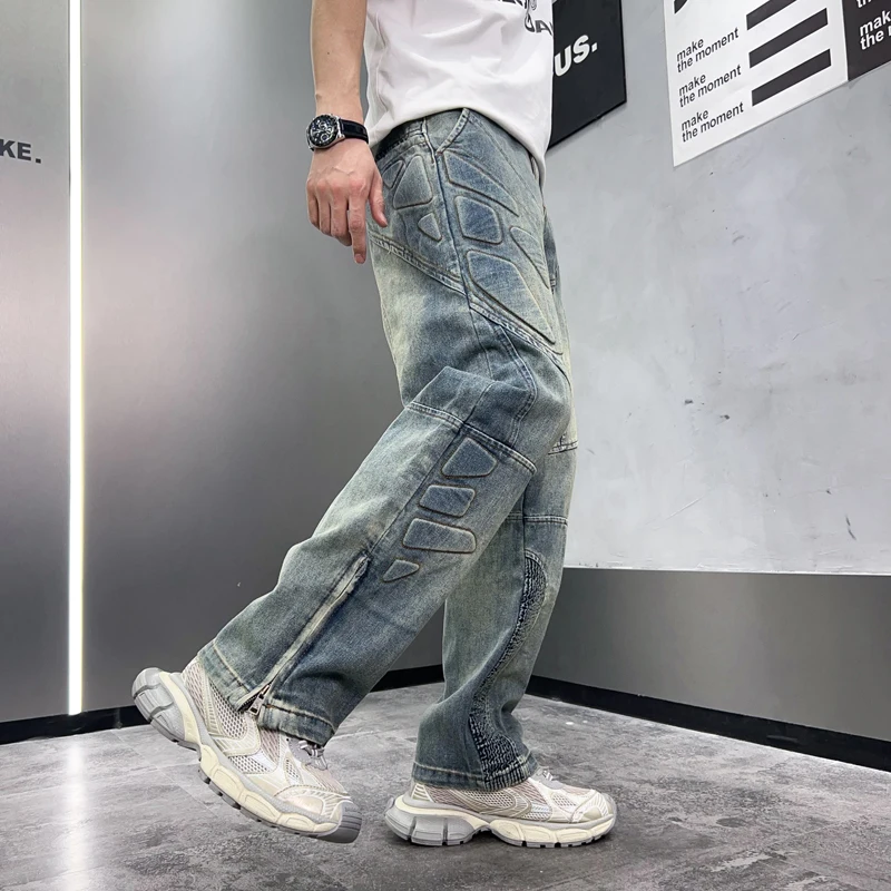 Fashion High-End Jeans Men's Printed Loose Straight Pattern Trend Casual Cool Street Zipper Wide Leg Retro Trousers