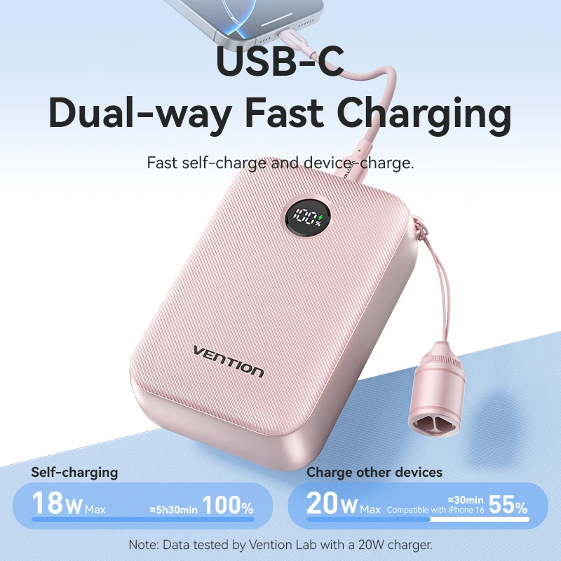 [KC 인증][CCC 인증] Vention 20000mAh 22.5W 보조배터리 미니 고속 충전 탈부착 끈형 충전기 아이폰용