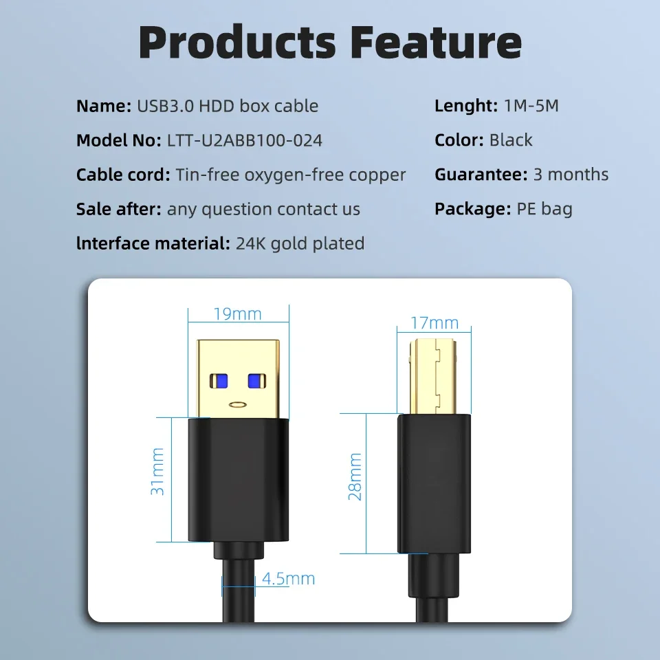High-Speed USB 3.0 Printer Cable - Durable Extension
