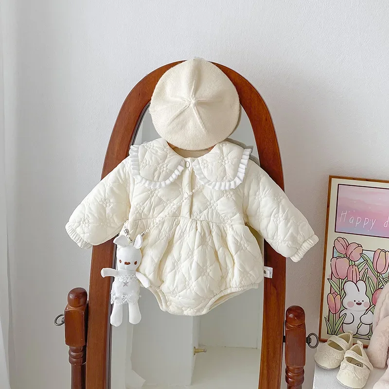 

Ins Korean Winter Baby Girls Rompers Solid Lapel Plus Velvet Thick Newborn Girls Bodysuits Warm Infant Girls Princess Onesies