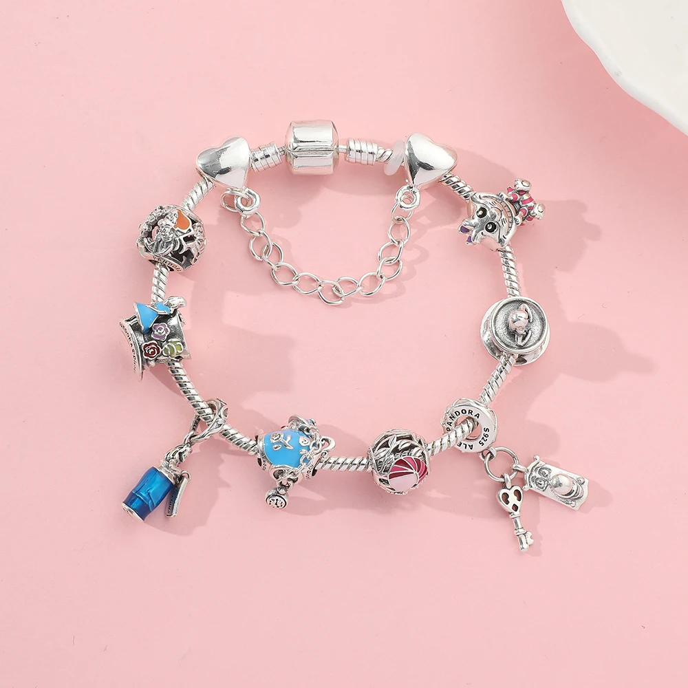 Disney Luxury Bracelet Charms Bangle Alice in Wonderland Pulseiras Feminina  Silver Plated Family Fashion Bracelet for Women