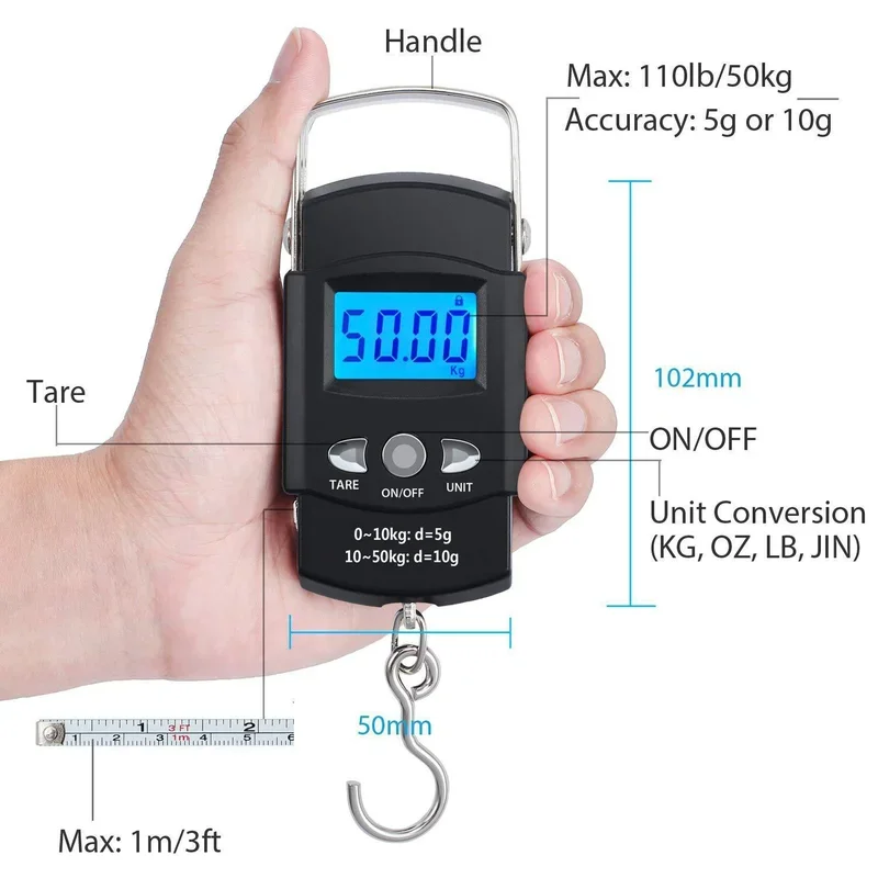 FLYSAND 110lb/50kg Electronic Scale Backlit LCD Display Measuring Tape Balance Digital Fishing Hanging Hook Scale Tool