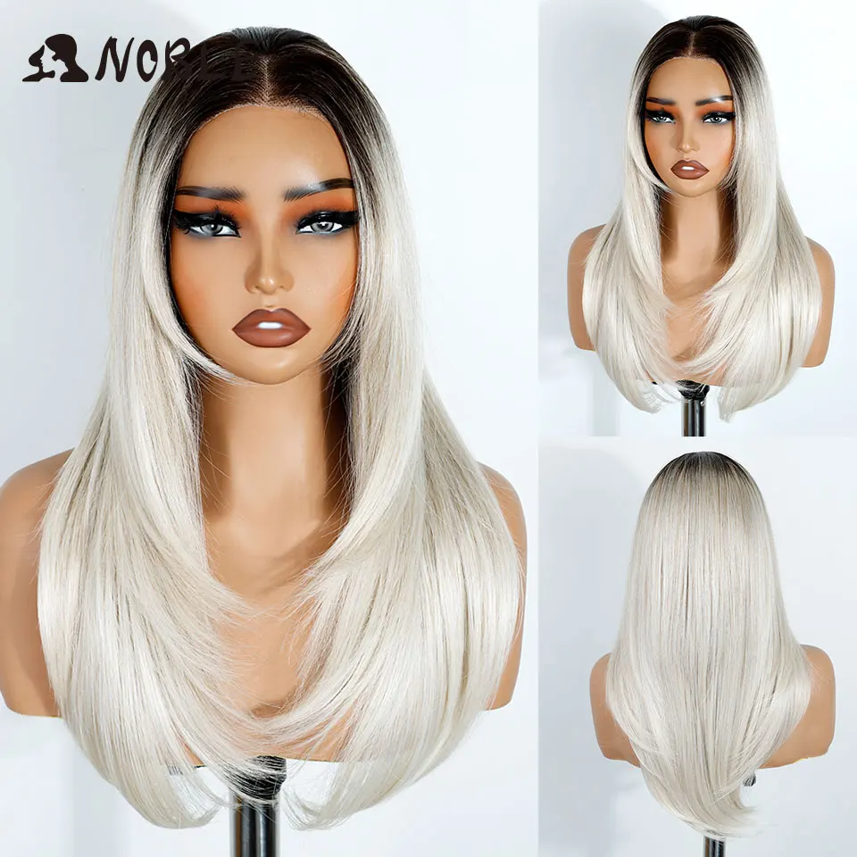 Noble Synthetic Lace Front Wigs For Women Straight Pre Plucked Layered Wig 13x3 Frontal Wigs Ombre Blonde White Cosplay Lace Wig