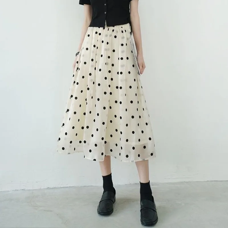 

Casual Fashion Mesh Polka Dot Printed Skirt Summer Women's Clothing Korean All-match High Waist Ball Gown Skirts for Female
