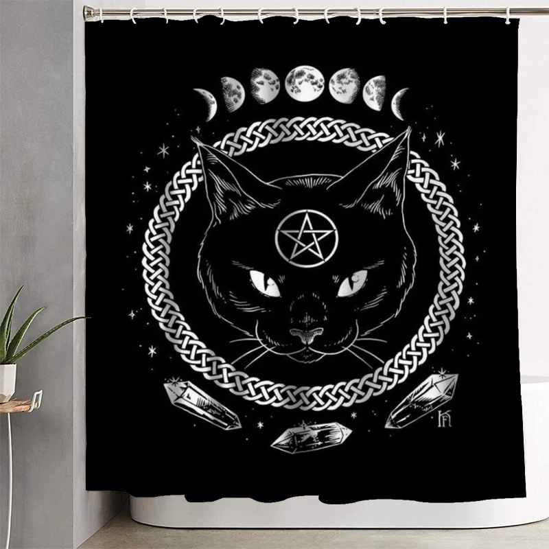 Shower Curtains Satanic Cat Pentagram Black Metal Waterproof Polyester Shower Curtains with 12 Hooks