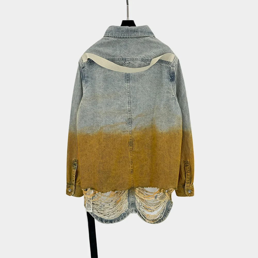 PFNW Darkwear High Quality Denim Jacket Men's Gradient Colorblocking Design Distressed Oversized Washed Outwear Coat Top 28W5674 2