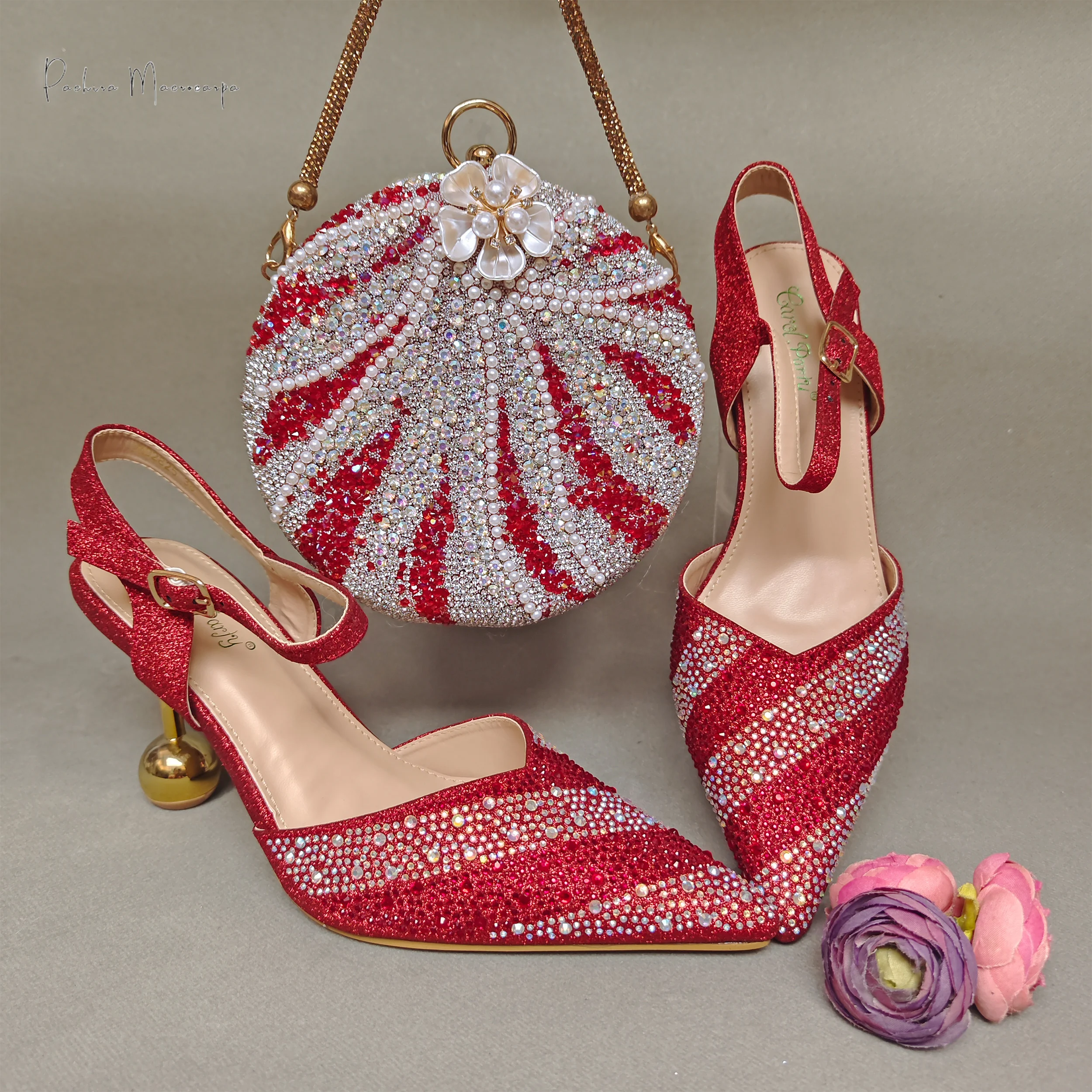 

Italian Design Wine Color Sparkling Diamond With Pearl Flower Decoration Exquisite Party Ladies Shoes And Bag Set