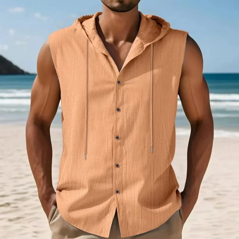 Summer Men's Linen Hooded Sleeveless Shirt Loose Casual Breathable Waistcoat Male Solid Thin American Style Beach Shirts Vests_viptrois.com