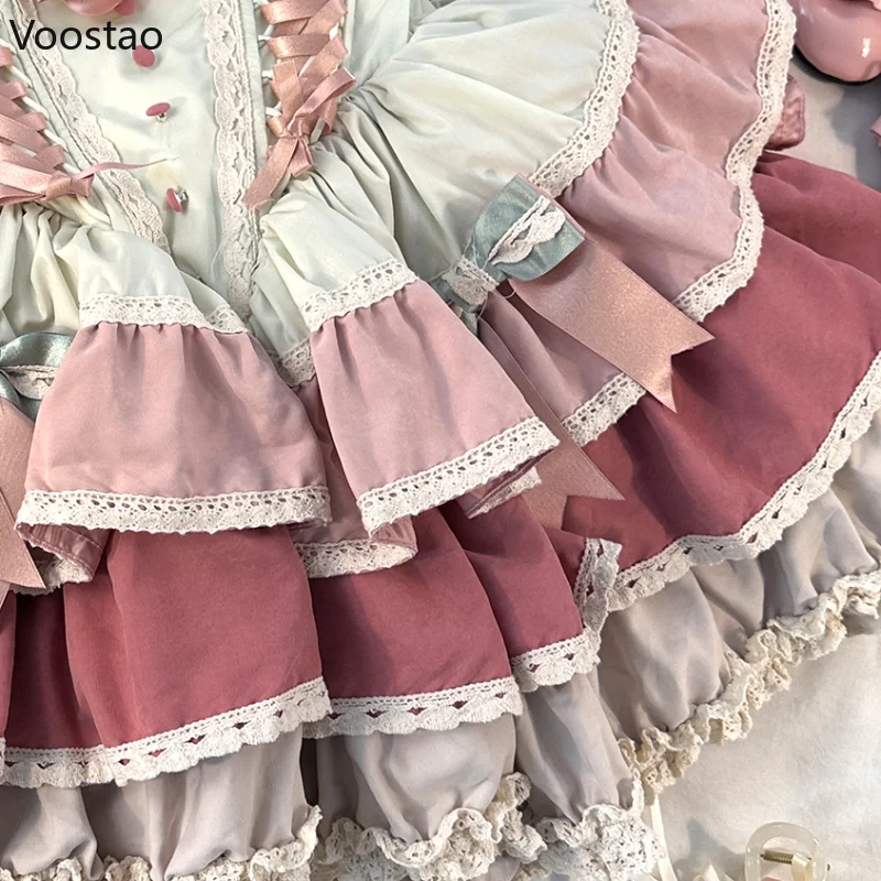 Sweet Lolita Jsk Mini Dress Women Kawaii Ruffles Bow Bandage Suspender Princess Dresses Vintage Y2k Elegant Fairy Party Dress