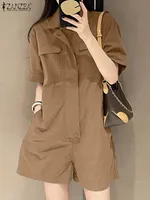 2024 ZANZEA Summer Cargo Jumpsuits Women Fashion Lapel Neck Short Sleeve Rompers Elegant Solid Loose Overalls Casual Playsuits - Image 4