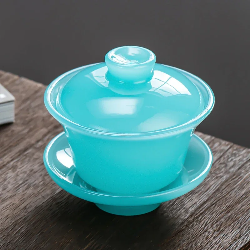 Tianqing Sky Blue Jade Porcelain Sancai Gaiwan Large Tea Bowl Chinese Kungfu Tea Set Glass Tureen Premium Set