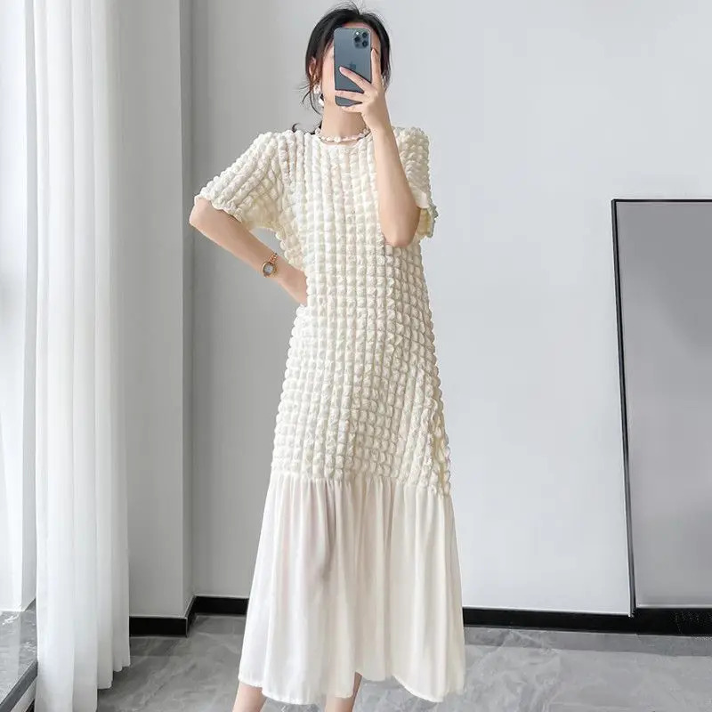 

Sweet Solid Color Spliced Folds Puff Sleeve Princess Dress Female Clothing 2024 Summer New Loose All-match Short Sleeve Dress