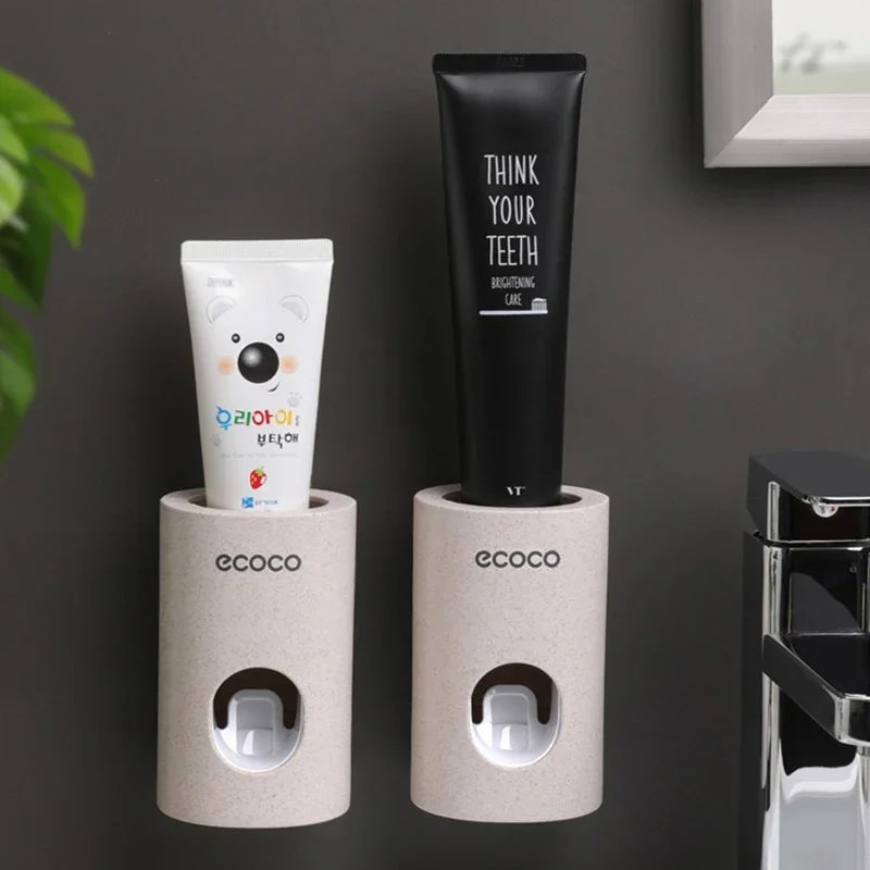 ECOCO Wheat-colored Automatic Toothpaste Dispenser Holder Bathroom Accessories Set Toothbrush Holder Toothbrush Wall Mount Rack 4