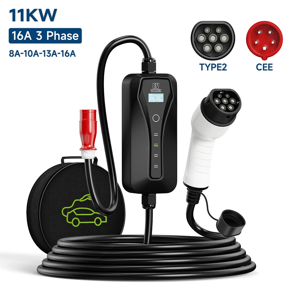 11KW 16A EV Charger Type 2 EVSE Charging Box Portable Electric Car Charger CEE Plug IEC62196-2 Electric Vehicle Devices Wallbox khons evse type 2 electric vehicle ev charger with schuko plug adapters 16a adjustable 5m cable portable level 2 fast charging