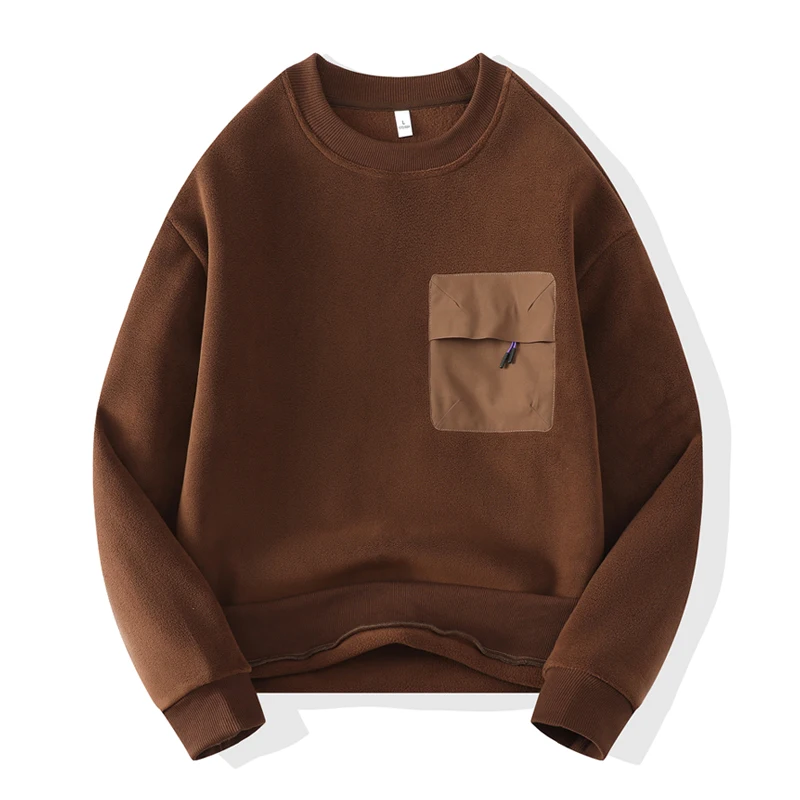 Autumn and Winter New Men's Pullover Round Neck Panel Pocket Fashion Solid Color Loose Casual Versatile Long Sleeved Sweater