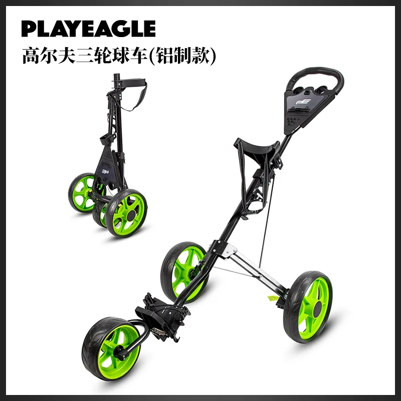 PLAYEAGLE 골프백 카트 3륜 경량 알루미늄 접이식 푸시 카트 그린 휠 포함