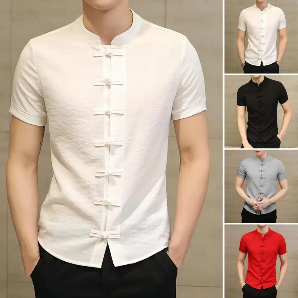 

Рубашка мужская с коротким рукавом, однотонная приталенная, с узлом, на пуговицах, в китайском традиционном винтажном стиле, топ, одежда на лето