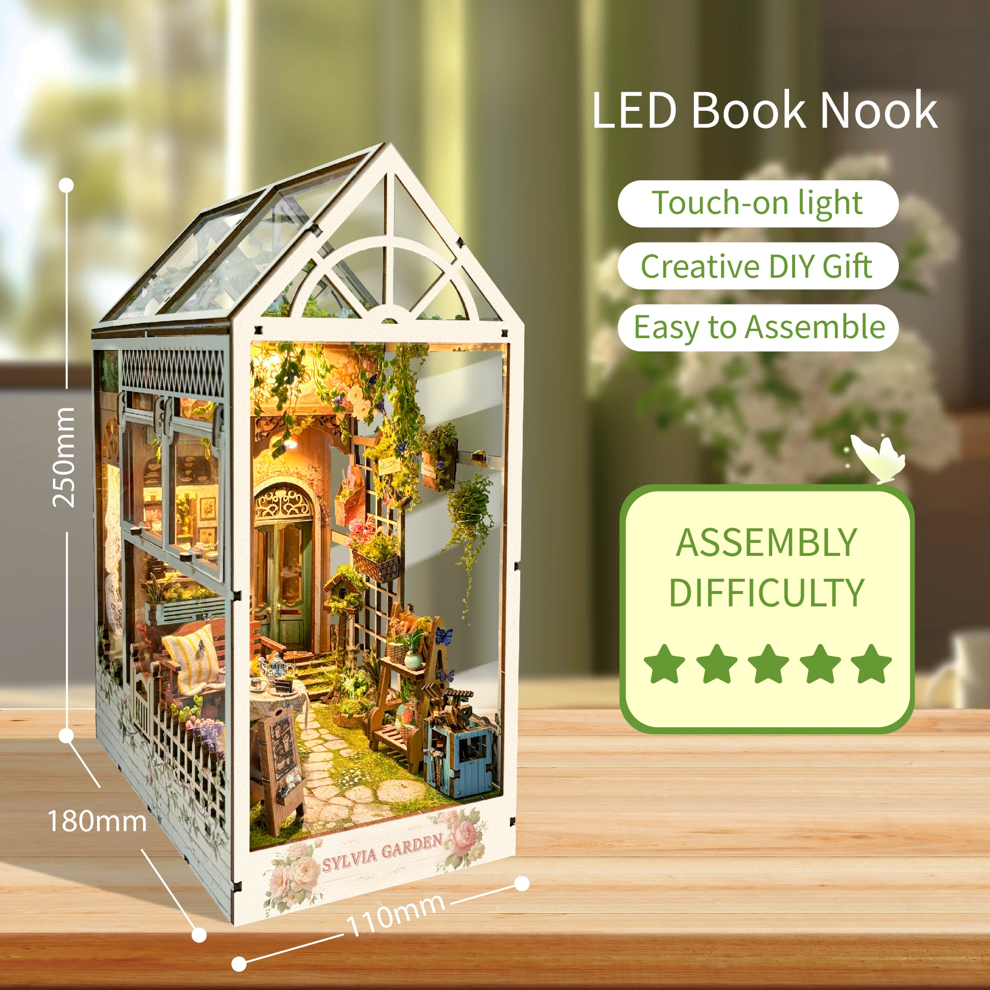 DIY Book Nook Wooden Miniature Model Kit Sylvia Garden Bookend Assembled 3D Puzzle Light Bookshelf Home Decor Friends Gifts 5