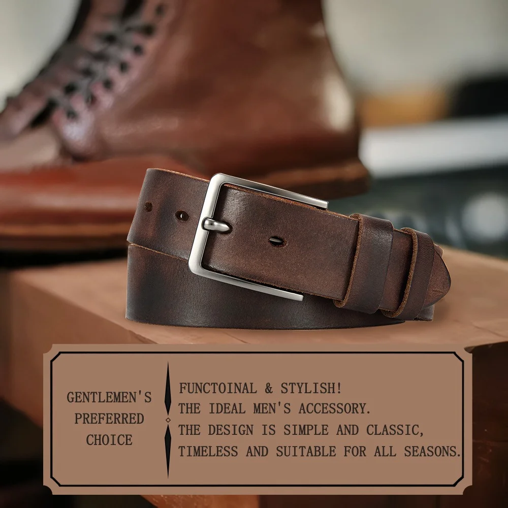 Men's Durable Genuine Leather Belt with Adjustable Pin Buckle for Business & Casual Wear