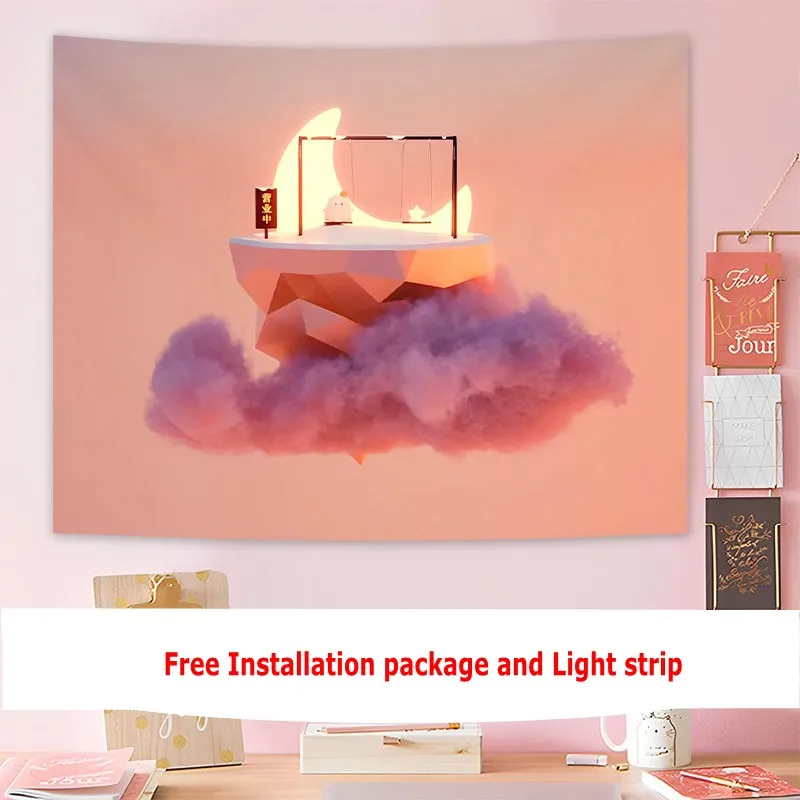 

Hot Selling Wall Hanging Decor Tapestry Cloud Pattern Pink Home Living Room Decoration Free Led Strip and Installation Package
